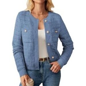 Grace Karin New Blue Textured Knit Button Up Cardigan Jacket Pearls Gold Accents